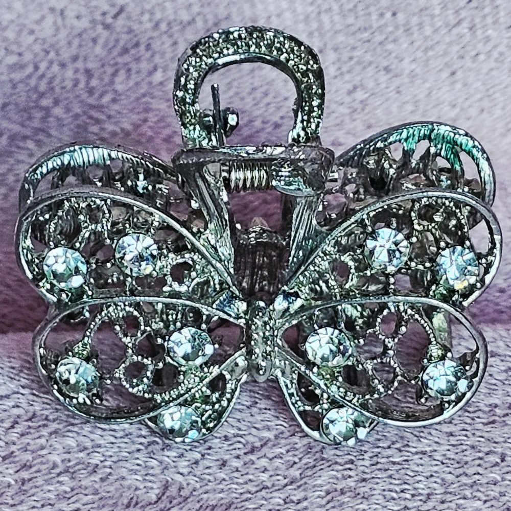 Hair Claw in Elegant Silver Tone Butterfly with Rhinestones